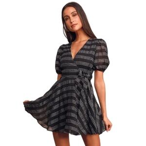 Lulu’s Plaid About You Black Plaid Organza Dress Side-Tie Skater XS